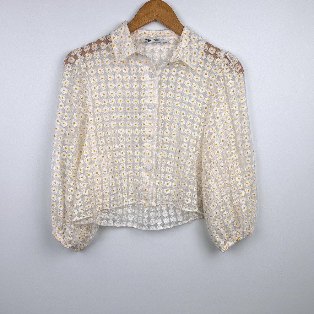 Zara Button Down Blouse Womens XS White Daisy Print Sheer Puff Sleeve Crop Top